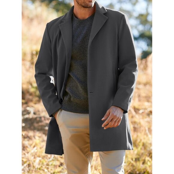 💫 Men Grey Long Trench Coat Slim Fit Single Breasted Winter Warm Cotton Jacket - Picture 2 of 4